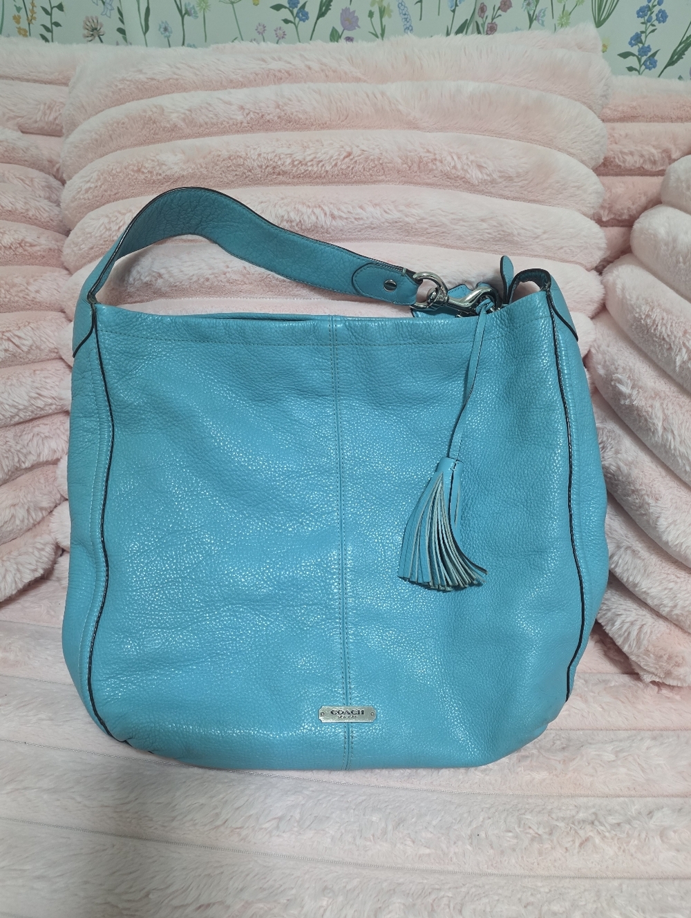 Coach Teal Pebbled Leather Hobo Shoulder Bag Large Tassel Y2K 2000s